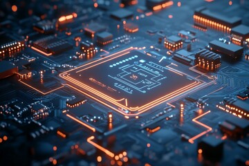 Poster - A dynamic representation of a microprocessor with glowing accents, combining intricate patterns of circuitry in a captivating, futuristic fashion focused on innovation.