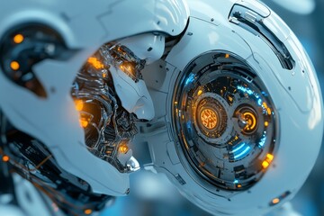 Poster - A high-tech close-up of metallic and glass interface highlights intricate design with glowing elements, embodying precision, innovation, and futuristic ambitions.