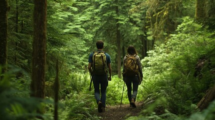 Wall Mural - two friends enjoy an adventurous hike through a lush forest, surrounded by vibrant greenery on a sun