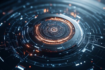 Poster - An intricate circular digital interface is presented with numerous design details and glowing elements, showcasing modern technology and interface aesthetics.