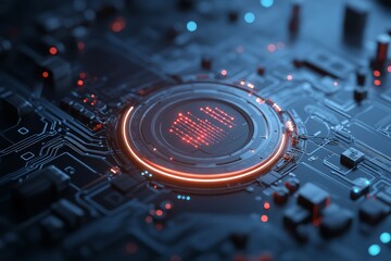 Poster - A close-up view of a futuristic circuit board emphasizes a glowing digital core, symbolizing advanced technology, innovation, and the cutting-edge development of solutions.