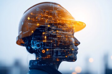 Poster - A side profile of an engineer wearing a hard hat with digital data overlays visualizes futuristic concepts in technological advancements and innovation in industry.