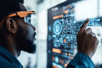 Poster - An engineer wears safety goggles while engaging with a digital interface, analyzing advanced technological data and processes in a controlled laboratory environment.