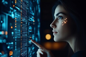 Poster - A young woman interacts with a glowing digital interface, symbolizing technological advancement, exploration, and future possibilities in a modern setting.