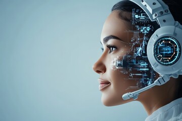 Poster - A futuristic headset with digital elements integrated into a woman's profile, showcasing the innovative blend of human and technology in a sleek, modern design.