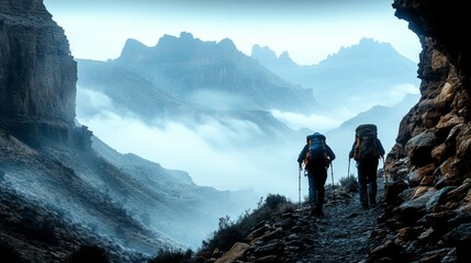 Poster - Two hikers navigate a rocky path through a mist-filled valley, flanked by towering mountains, as the morning light casts a surreal glow.