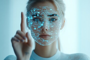 Poster - A woman interacts with a holographic digital interface, showcasing futuristic augmented reality technology, symbolizing innovation and human advancement.