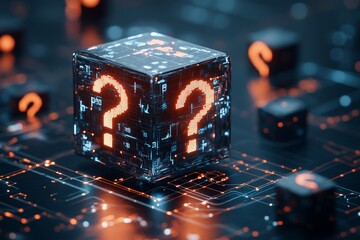 Poster - A cube with illuminating question marks sits on a complex digital grid, representing mystery and complex problems in a futuristic cyber landscape.