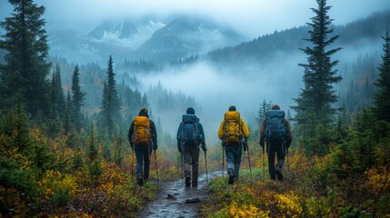 Poster - A group of four hikers traverses a winding trail through a misty landscape filled with vibrant vegetation and towering mountains at dawn.