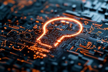 Poster - A luminous lightbulb is set against a detailed circuit board design, illustrating innovation and ideas in a cutting-edge technological context.