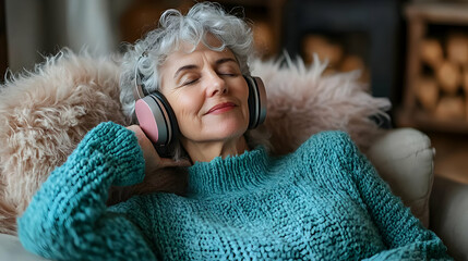 Woman Relaxing on Couch with Headphones Photo