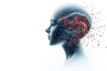 Poster - Depiction of a human profile with neural network structure, featuring red nodes representing connectivity and data flow, symbolizing the brain's digital transformation.