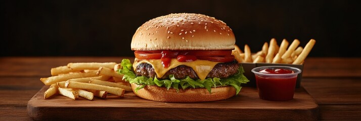 Poster - Indulge in a savory gourmet burger topped with cheese, lettuce, and tomatoes, accompanied by fries and dipping sauce. Generative AI