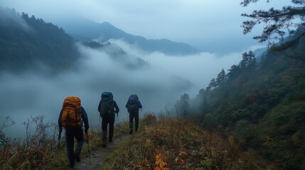Aufkleber - Three hikers carrying large backpacks navigate a narrow trail through a mountainous region, enveloped in morning fog and greenery.