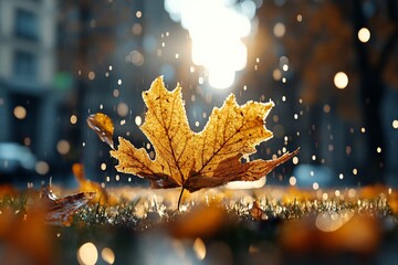 Poster - A beautiful autumn leaf catches the light, sparkling amidst raindrops in a gentle autumn rain, creating a mesmerizing scene of nature’s glory and tranquility.