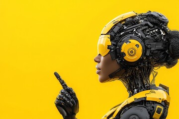 Poster - A futuristic robot, with intricate technology and a sleek yellow aesthetic, stands in profile against a vibrant yellow background, representing innovation and advanced design.