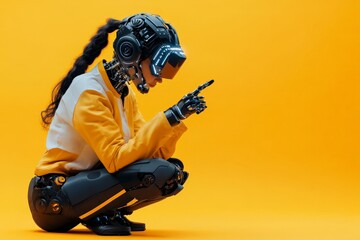 Poster - A tech-savvy robot crouches with focus and precision, donned in a yellow and black ensemble, epitomizing the convergence of technology and deliberate efficiency.