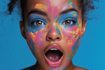 Poster - An expressive image of a woman's face adorned with dynamic splashes of blue, pink, and yellow paint, representing bold creativity and artistic vibrancy.