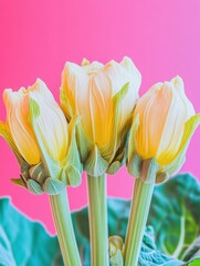 Poster - Three blooming squash flowers display their vibrant colors, showcasing natural beauty against a playful pink backdrop. Generative AI