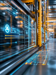 Poster - modern warehouse featuring advanced digital sorting technology, showcasing high tech environment with illuminated data displays and efficient organization