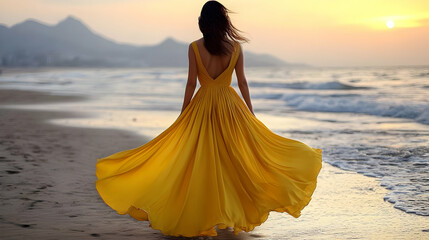 Wall Mural - Woman in Yellow Dress on Beach at Sunset - Photo