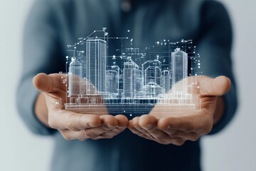 Poster - Floating in a person's outstretched hands, a futuristic digital blueprint of a city skyline is presented, symbolizing innovation, design, and possibility.