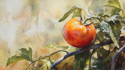 Wall Mural - A vibrant, ripe tomato is perched on a vine, its glossy skin reflecting sunlight, while lush green leaves provide a natural backdrop in a peaceful garden setting