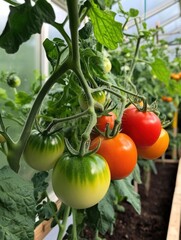 Poster - Tomatoes, cucumbers, and peppers thrive in a greenhouse filled with green plants during the warm summer season. Generative AI