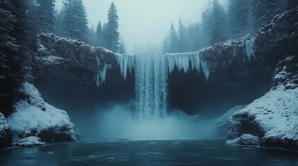 Aufkleber - A captivating frozen waterfall cascades into a tranquil pool, surrounded by tall evergreen trees blanketed in snow, creating a peaceful winter ambiance at dawn.