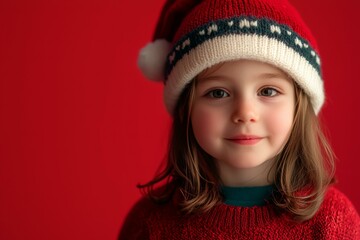 Little girl wearing Santa hat, smiling joyfully, festive holiday spirit, cheerful expression, winter season.