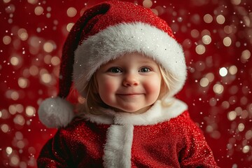 Wall Mural - Smiling little girl wearing Santa hat, joyful expression, celebrating holiday season, cheerful and festive.