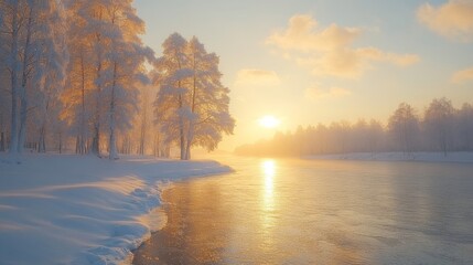 Poster - The sun rises over a peaceful river, casting warm golden hues on the frost-covered landscape and creating a serene winter atmosphere with trees along the banks.
