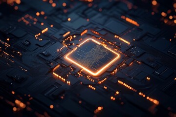 Poster - A close-up of an illuminated circuit chip with a glowing orange grid pattern, illustrating cutting-edge technological complexity and high-tech innovation for tech industries.