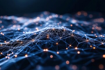 Poster - A conceptual abstract representation of a digital network with countless interlinked blue nodes, ideal for showcasing interconnectedness and communication in the digital era.