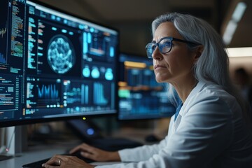 Poster - A dedicated scientist in a lab coat and glasses intensely studies complex data on multiple computer screens, highlighting research and technological advancement.