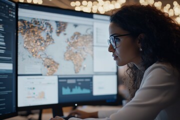 Poster - An analytical individual reviews and interprets global data displayed on computer screens, showcasing expertise in data visualization and geographical trends.