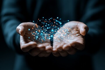 Aufkleber - Two human hands cupped together holding a glowing abstract digital network, symbolizing connectivity, technology, and innovation in a modern digital age.