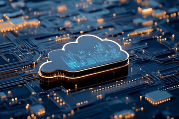 Poster - An illuminated cloud icon displays data bars within, set against a detailed circuit board, epitomizing data analysis, tech aesthetics, and future economy.
