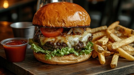 Poster - This appetizing burger features melted cheese, crisp lettuce, ripe tomatoes, and savory sauce, perfectly paired with golden fries. Generative AI