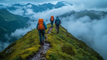 Poster - Three hikers navigate a narrow trail on a mountain ridge with vibrant greenery and clouds below, experiencing the beauty of nature at dawn.