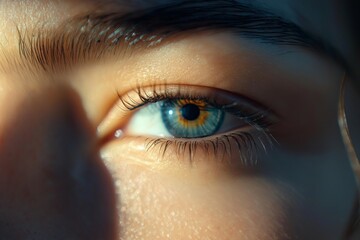 Close-up of a blue eye with vibrant colors and detailed texture in natural light. World Sight Day. Eyes problems and diseases.