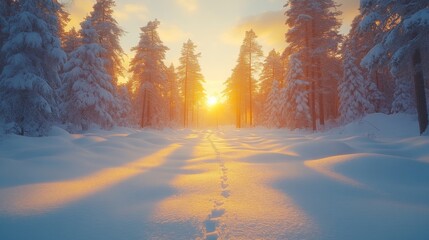 Poster - Morning light breaks through tall evergreen trees, illuminating a snowy path that leads deeper into the forest, evoking a peaceful, wintry atmosphere.