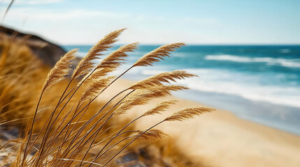 Poster - Golden Grass Blowing in the Wind on a Sandy Beach