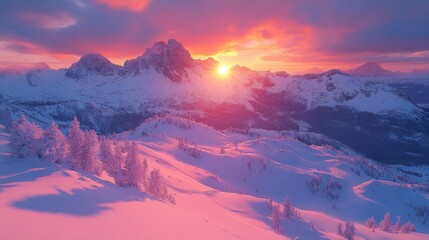 Poster - As the sun sets behind the majestic Dolomite mountains, the snow-covered landscape transforms into a canvas of vibrant pink and purple hues. The cold air contrasts with the warmth of the setting sun.
