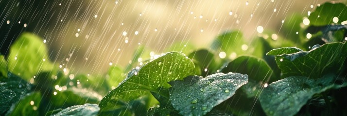 Poster - Light rain falls on a vibrant vegetable garden, leaving sparkling droplets on the rich green leaves and enhancing the tranquil atmosphere. Generative AI