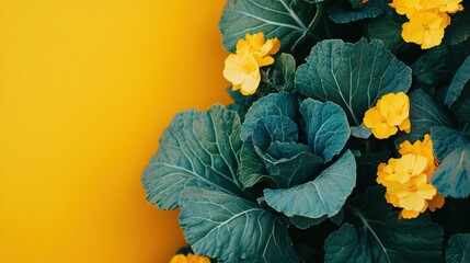 Poster - Bright yellow flowers bloom from lush green cabbage leaves, creating a colorful display in a garden against a sunny yellow backdrop. Generative AI