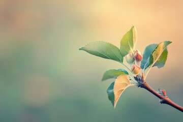 Branch with fresh green leaves and budding flowers in soft sunlight, spring renewal concept