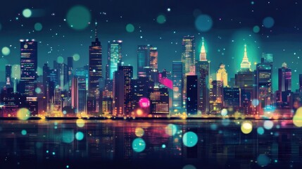 A vibrant, futuristic cityscape at night, with colorful lights reflecting on the water.