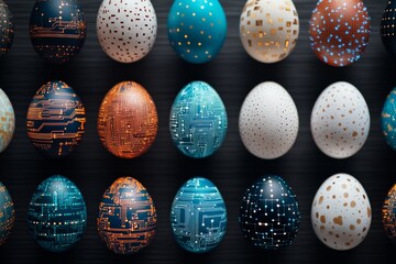 Poster - A collection of eggs with intricate circuit board patterns exudes technological brilliance and modern artistry, symbolizing creativity and the future of design innovation.