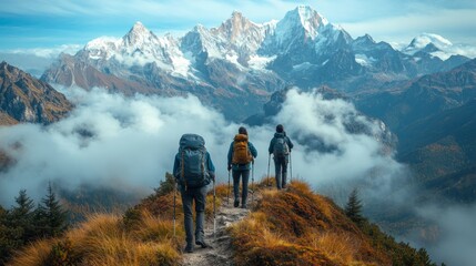 Aufkleber - Three hikers navigate a scenic mountain path, their backpacks loaded for adventure as they embrace nature's beauty. Majestic peaks tower above, partially veiled by fluffy clouds.